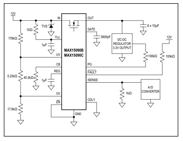 Application Circuit Diagram - Analog Devices / Maxim Integrated MAX15090B & MAX15090C Hot-Swap ICs